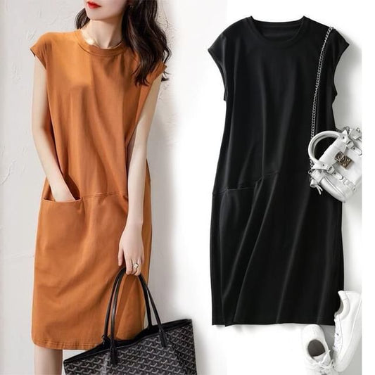 Plain Dress Neck Crew Cap-Sleeve Shift Midi