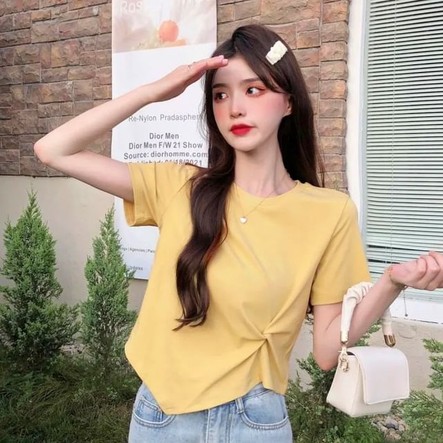 T-Shirt Crew Ruched Neck Crop Asymmetrical Plain Short-Sleeve