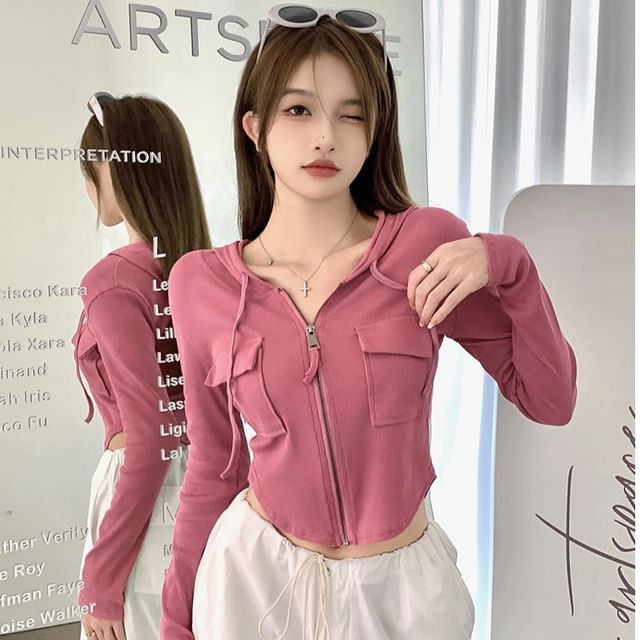 Plain Hoodie Zip-Up Crop Slim Fit