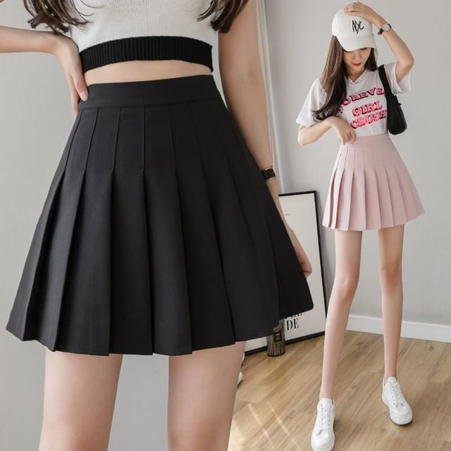 Skirt Waist Pleated Mini High Plain A-Line