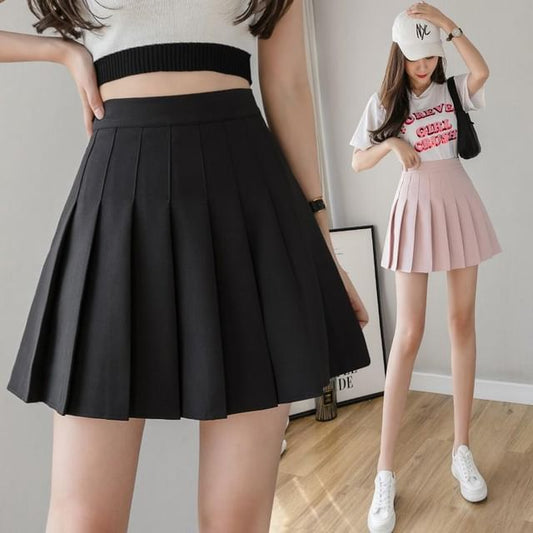 Skirt Waist Pleated Mini High Plain A-Line