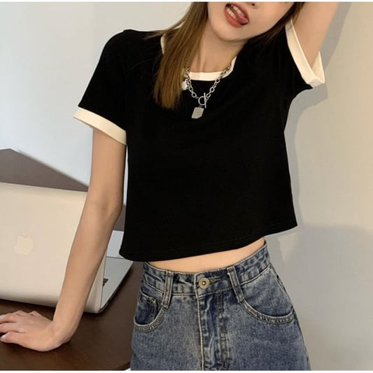 Crew Trim T-Shirt Crop Short-Sleeve Contrast Neck