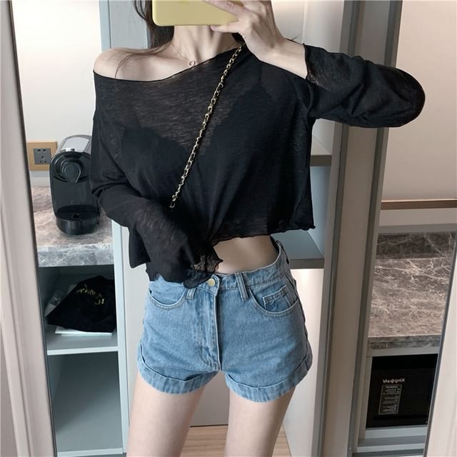 Long-Sleeve Crop Plain Sheer T-Shirt Off-Shoulder