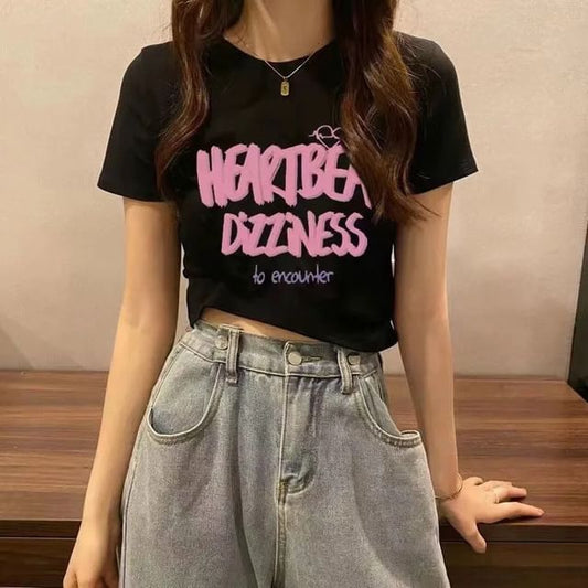 Crew Short-Sleeve Neck Lettering Print T-Shirt Crop