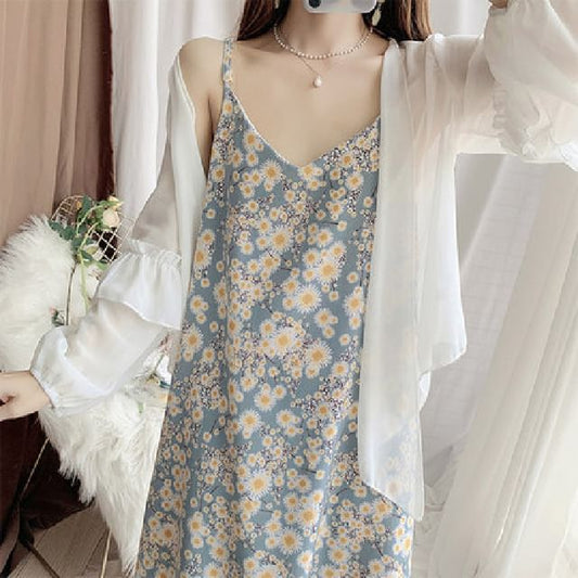 Midi Dress Spaghetti Print V-Neck Strap Floral Shift