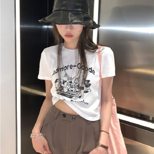 Lettering Print Crew T-Shirt Crop Short-Sleeve Neck