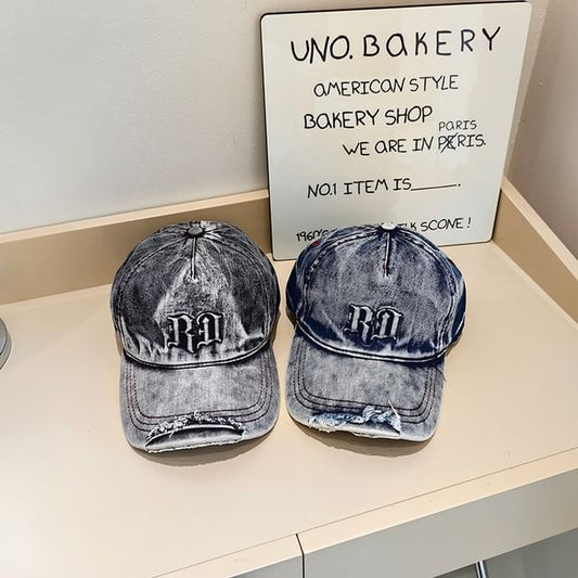 Denim Lettering Cap Washed Distressed Baseball