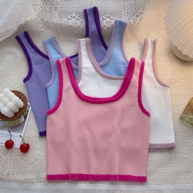 Trim Neck Contrast Scoop Top Crop Knit