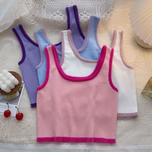 Trim Neck Contrast Scoop Top Crop Knit