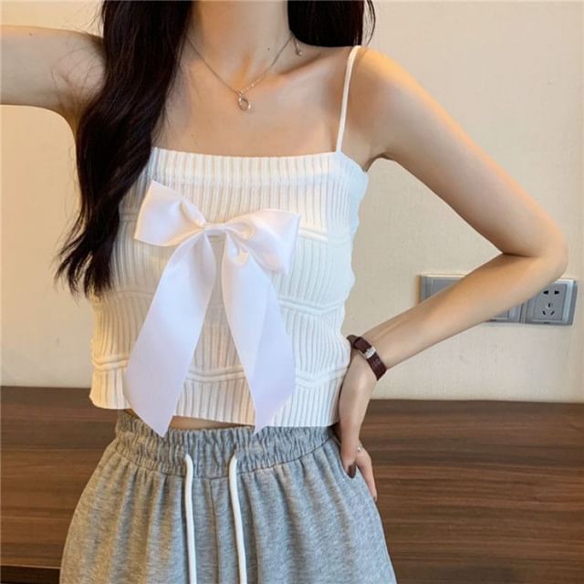 Ribbed Knit Bow Camisole Top Plain