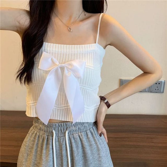 Ribbed Knit Bow Camisole Top Plain