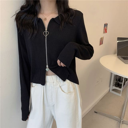 Zip Collared Cardigan Plain
