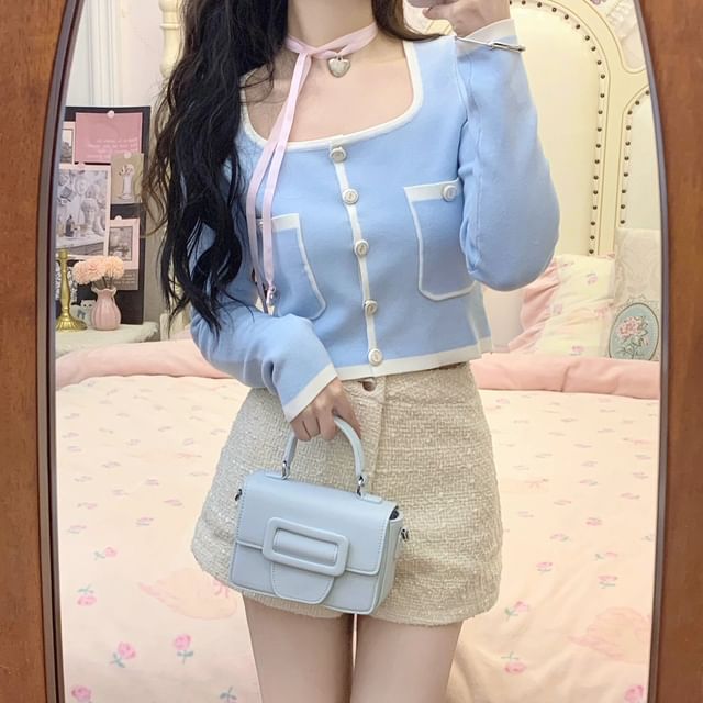 High Waist Contrast Pants Trim Hot Square Cardigan Cropped Neck Plain /