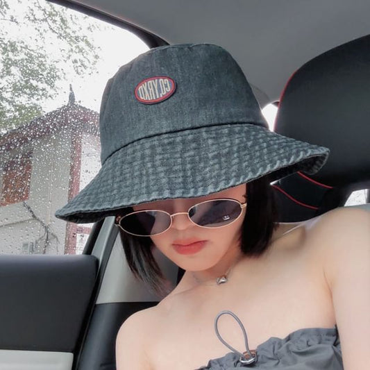 Denim Applique Washed Bucket Hat Lettering