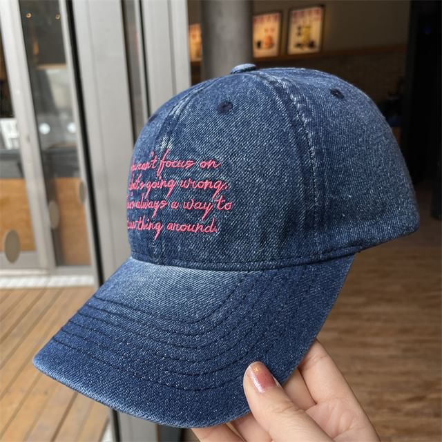 Lettering Washed Embroidered Baseball Denim Cap