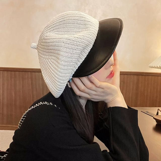 Newsboy Leather Panel Knit Cap Faux