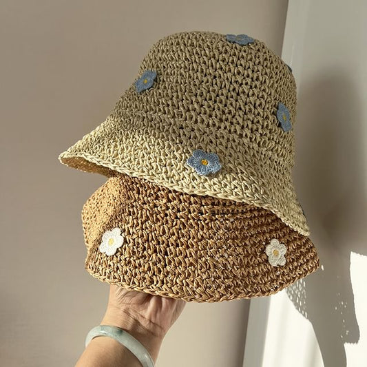 Hat Accent Straw Floral Bucket