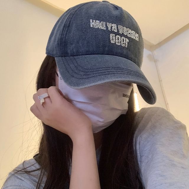 Denim Rhinestone Baseball Washed Lettering Cap