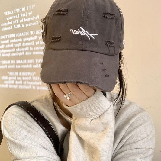 Lettering Distressed Baseball Cap Embroidered