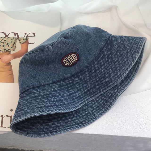 Denim Applique Washed Bucket Hat Lettering