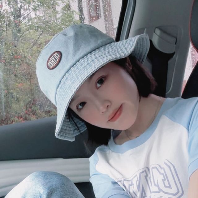 Denim Applique Washed Bucket Hat Lettering