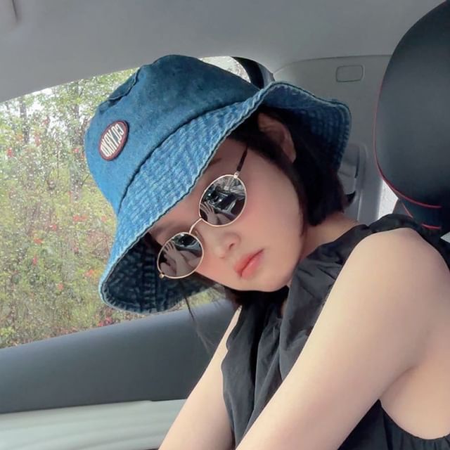 Denim Applique Washed Bucket Hat Lettering