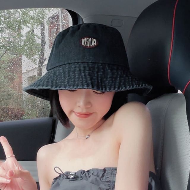 Denim Applique Washed Bucket Hat Lettering