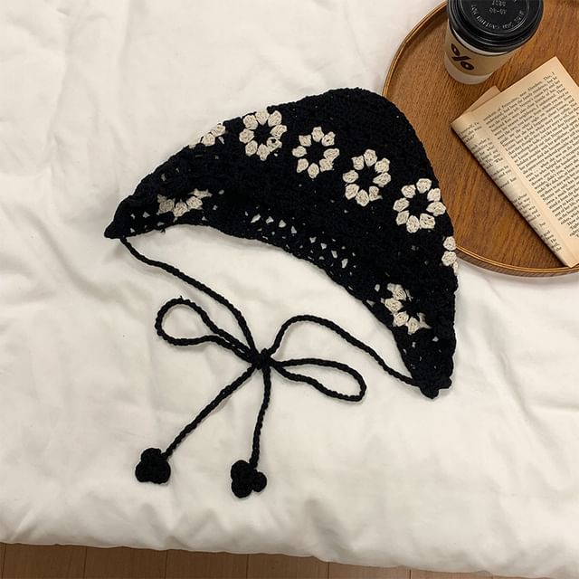 Knit Floral Crochet Bonnet Hat