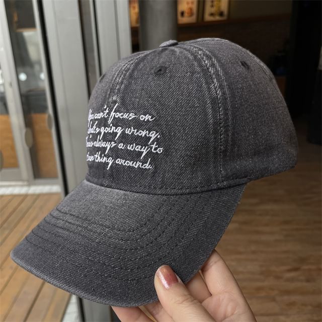 Lettering Washed Embroidered Baseball Denim Cap