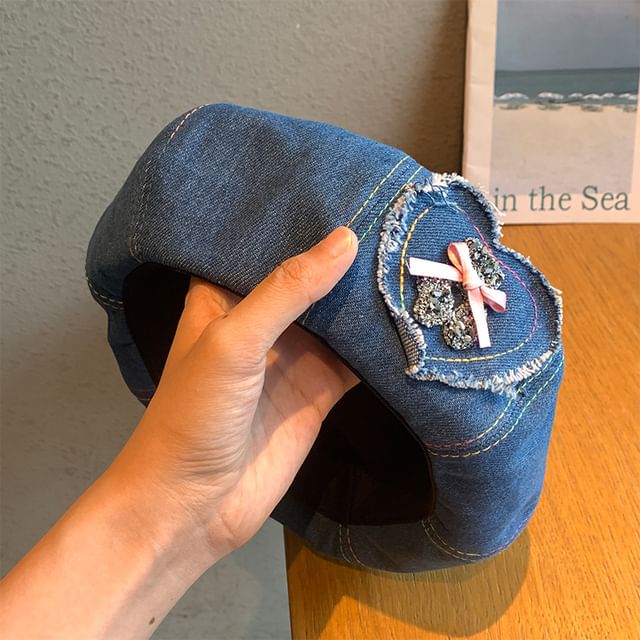 Rhinestone Bow Beret Denim Applique Heart