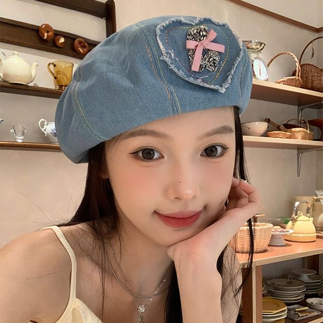 Rhinestone Bow Beret Denim Applique Heart