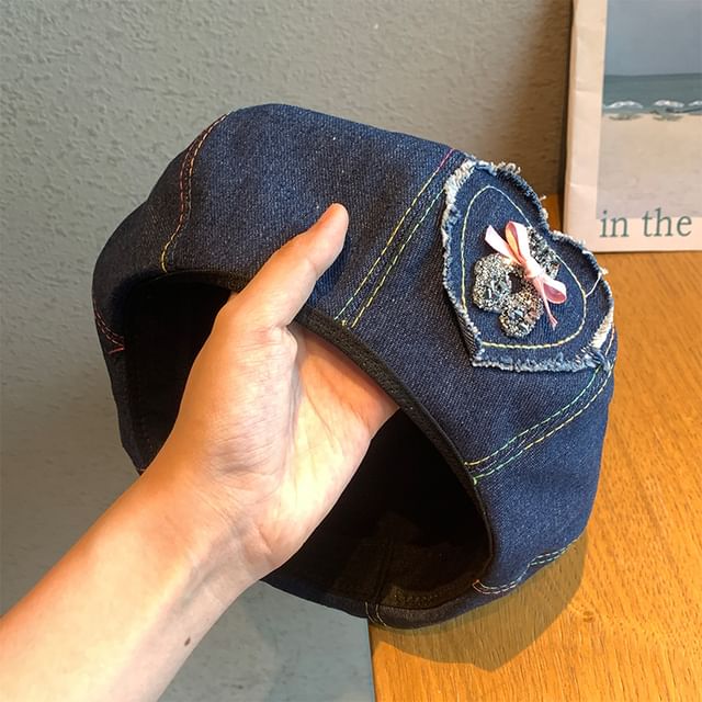 Rhinestone Bow Beret Denim Applique Heart