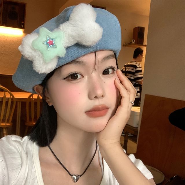 Bone Beret Denim Accent Washed