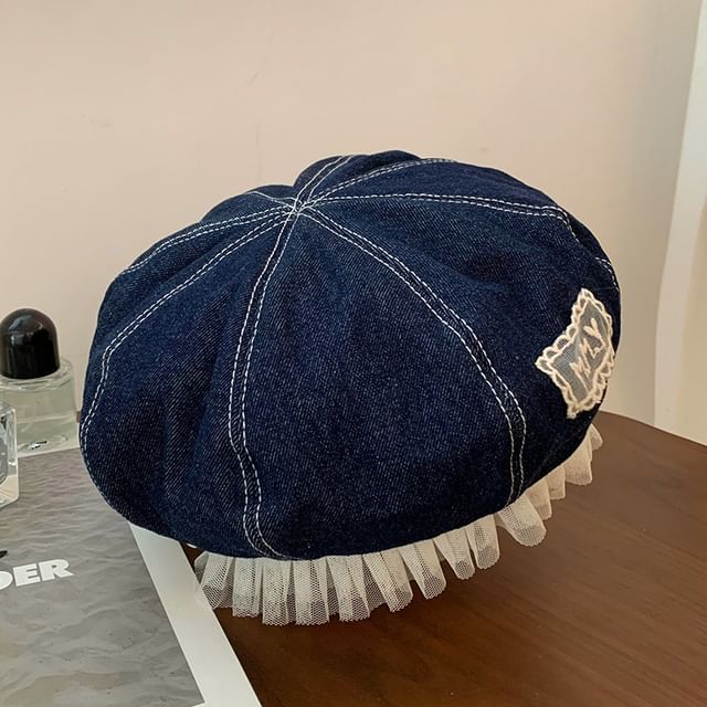 Beret Applique Lettering Mesh Denim Panel