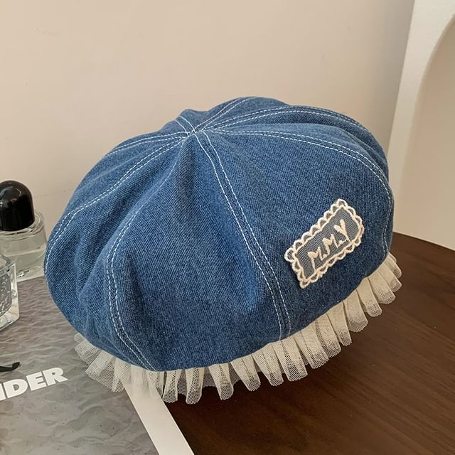 Beret Applique Lettering Mesh Denim Panel