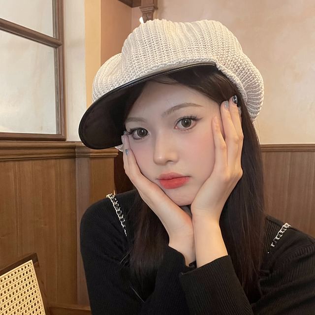 Newsboy Leather Panel Knit Cap Faux