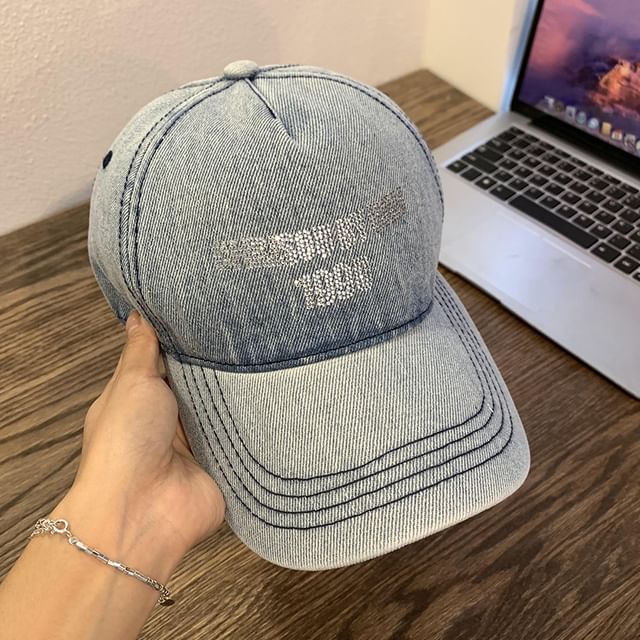 Denim Rhinestone Baseball Washed Lettering Cap