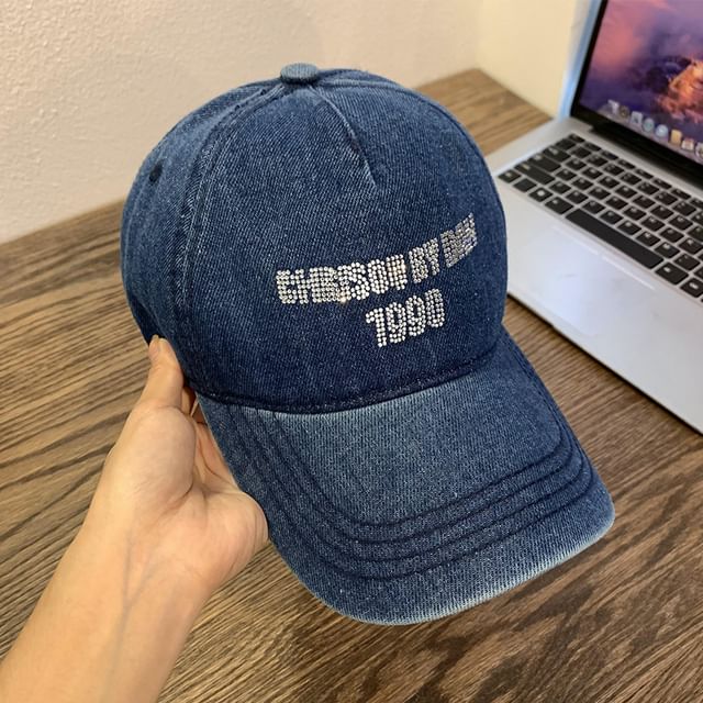 Denim Rhinestone Baseball Washed Lettering Cap