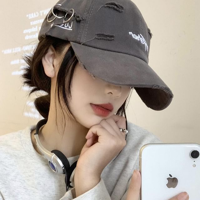 Lettering Distressed Baseball Cap Embroidered