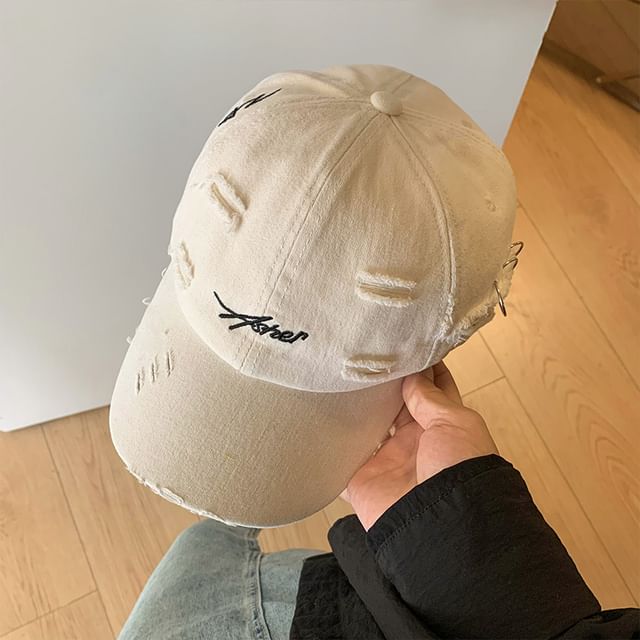 Lettering Distressed Baseball Cap Embroidered