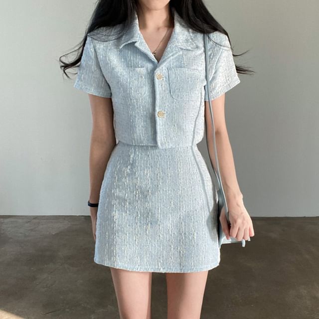 Set: Short-Sleeve Light Tweed Button-Up Shirt + High Waist Mini Pencil Skirt