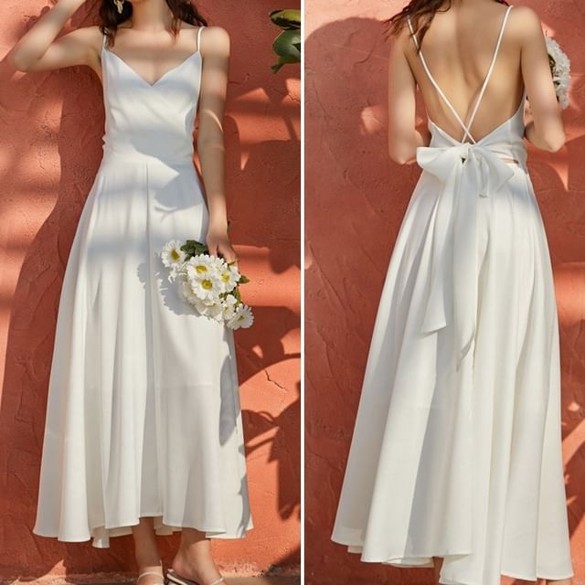 A-Line Plain Strap Maxi V-Neck Spaghetti Dress