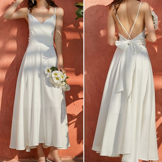 A-Line Plain Strap Maxi V-Neck Spaghetti Dress
