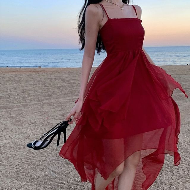 Sheer A-Line Strap Dress Asymmetrical Spaghetti