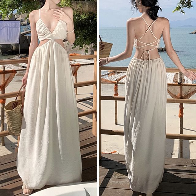 Spaghetti Plain Cutout V-Neck Dress A-Line Maxi Strap