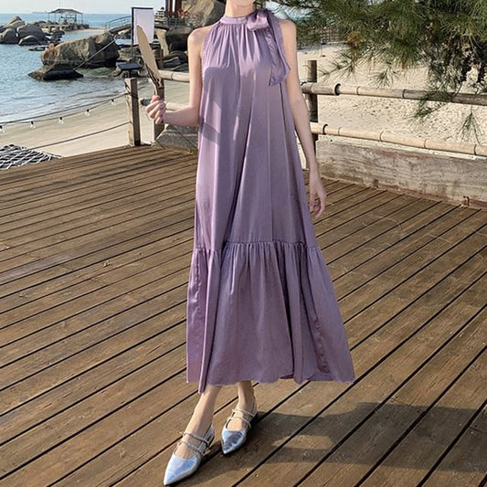 Crewneck A-Line Plain Maxi Sleeveless Dress