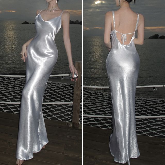 Sheath Dress Open Strap Maxi Back Spaghetti Plain