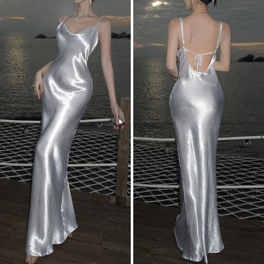 Sheath Dress Open Strap Maxi Back Spaghetti Plain