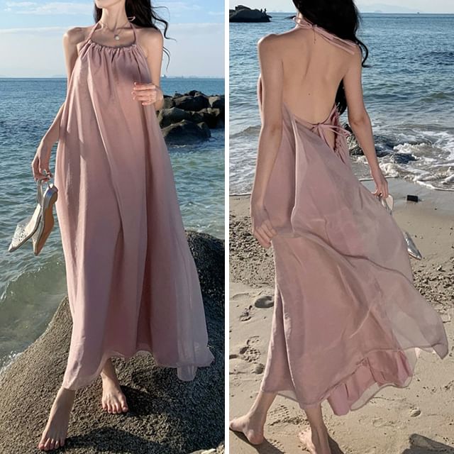 A-Line Neck Open Plain Dress Back Midi Halter