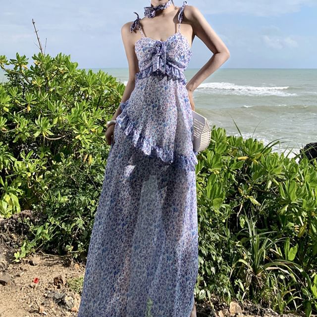 Midi Dress A-Line Strap Floral Spaghetti Print